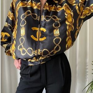 Iconic Vintage 1980s Chanel Black and Gold Silk Scarf Print Bomber